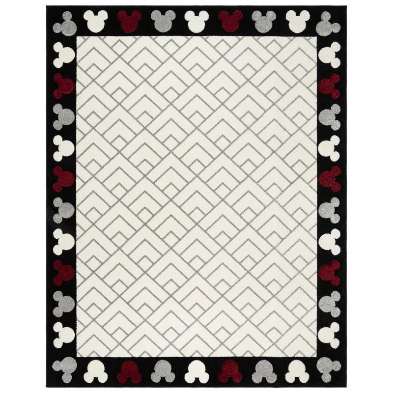 Disney by Gertmenian Disney Bravo Mickey Mouse Border Heads Modern Geometric Ivory Area Rug