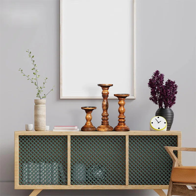 12'' Handcrafted Mango Wood Pillar Candle Holder Set – Rustic 3-Piece Set for LED Candles