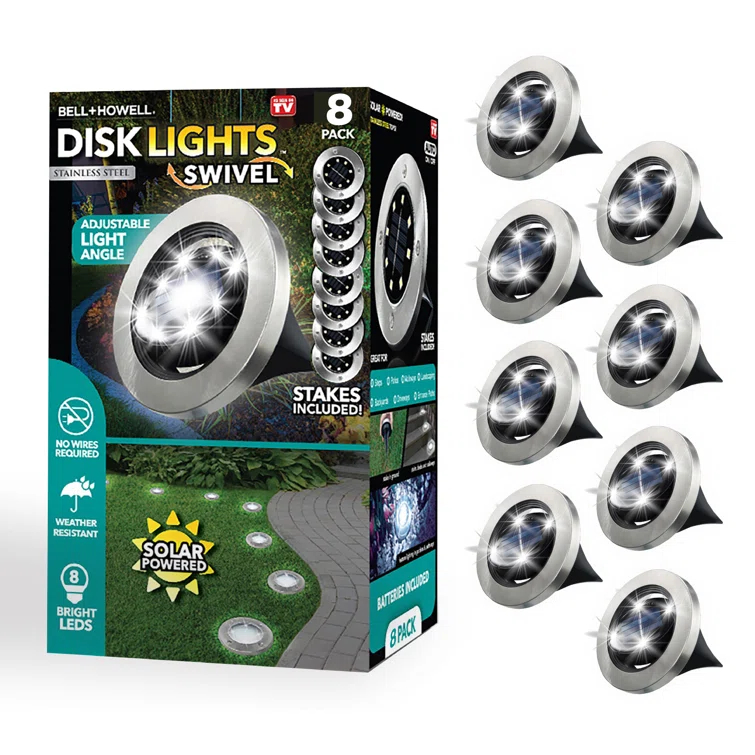Bell + Howell Bell+Howell Stainless Steel Solar Powered Swivel LED Disk Lights, Wireless Auto On/off Pathway Garden Lights (Set of 8)