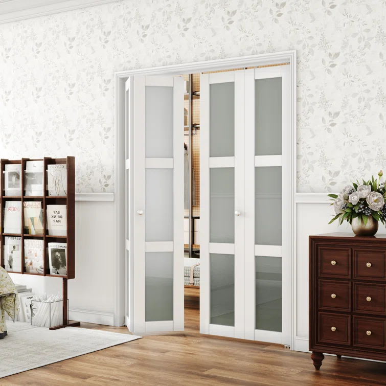 CHIC MODE Double Bifold Doors 3 Lite Frosted Glass Solid Manufactured Wood Prefinished Folding Door & Reviews | Wayfair
