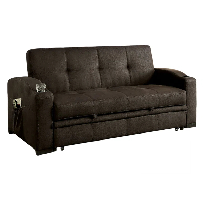 Benjara Futon Sofa, Brown Fabric Upholstery, Pull Out Base, Button Tufting