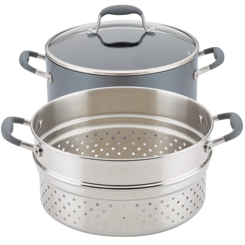 Anolon Anolon Advanced Home Hard Anodized Nonstick Wide Stockpot With Steamer Insert Set, 3-Piece,  8.5-Quart