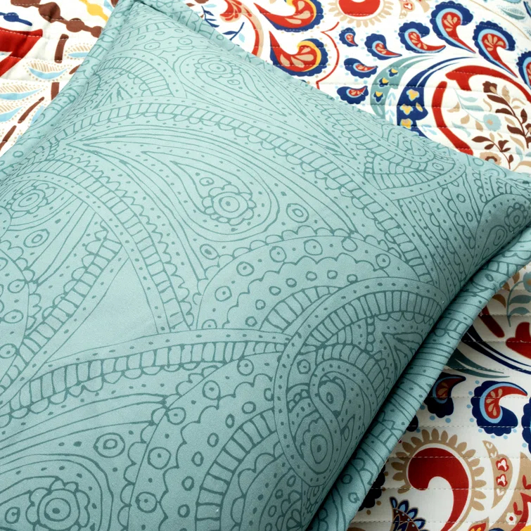 Lush Decor Boho Chic Reversible Oversized Cotton Quilt Seafoam/Red 3Pc Set Full/Queen