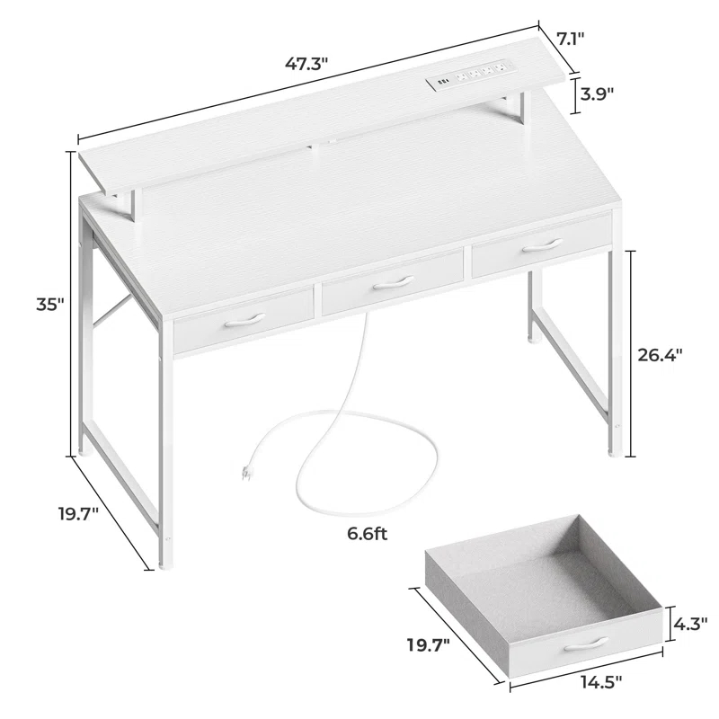 Computer Desk With 3 Drawers, Office Desk Gaming Desk With LED Lights & Power Outlets, Home Office Desks With Storage Space For Bedroom, Work From Home, (47 Inch )