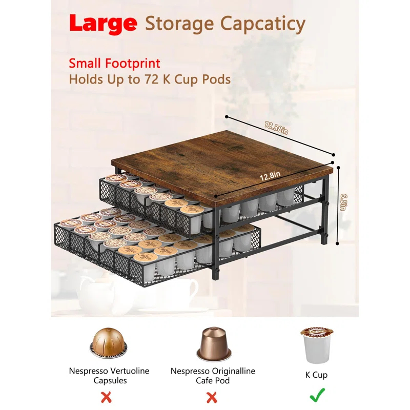 FAST APPLIANCES LLC Coffee Pod Holder For K Cup Holder Drawer Holder, Coffee Pod Drawer For Counter, 2 Tier K-Cup Storage With Sliding Baskets, 72 Capacity Pods Organizer Cups Capsule For Coffee Station, Black