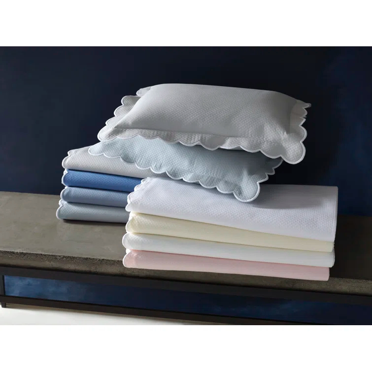 King-Size Pool Blue Cotton Blend Scallop Embroidered Coverlet