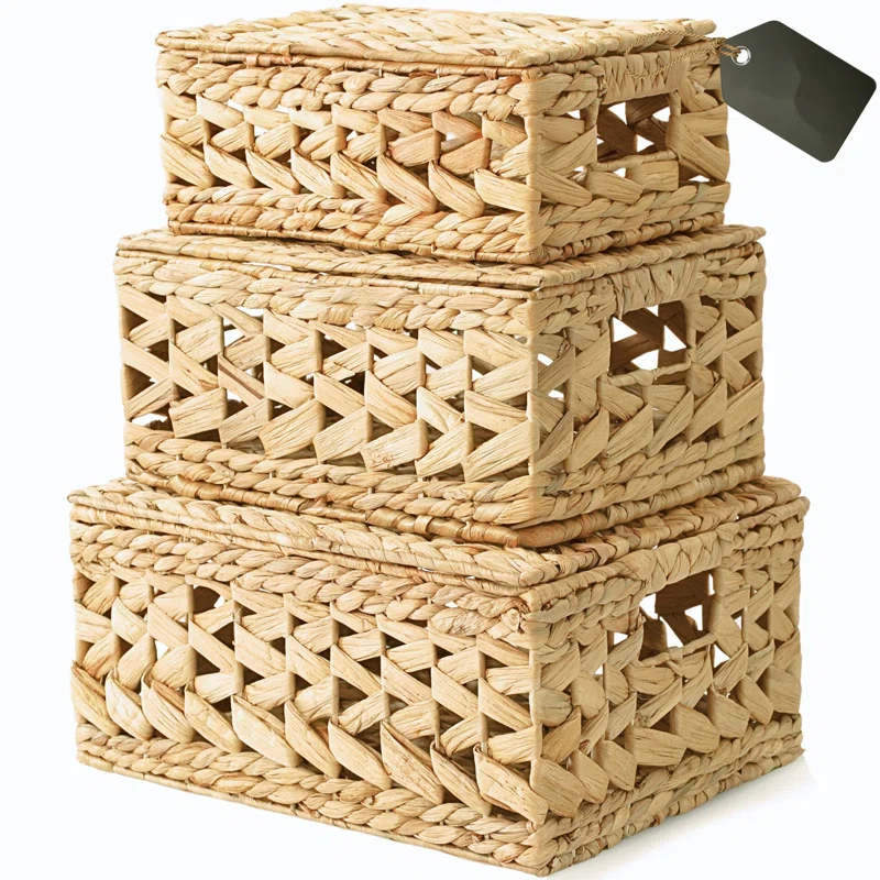 Gracie Oaks Wicker Storage Basket With Lid, Natural Decorative Wicker Basket For Shelf, Woven Baskets With Lids, 14In Lidded Basket, Rattan Storage Basket With Lid, Rattan Box Set Of 3 For Organizing