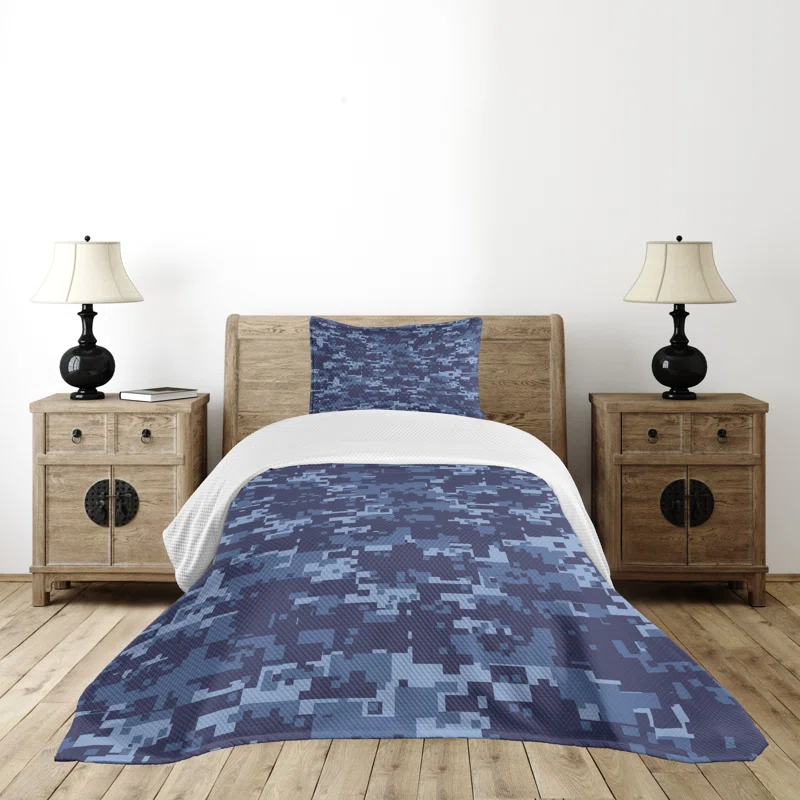 Ambesonne Ambesonne Camo Bedspread Set Grunge Camouflage Style Effect Pale Blue and Dark Blue