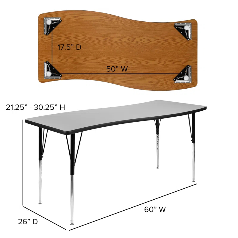 Flash Furniture Goddard 28"W x 47.5"L Rectangular Wave Collaborative Grey Adjustable Height Activity Table
