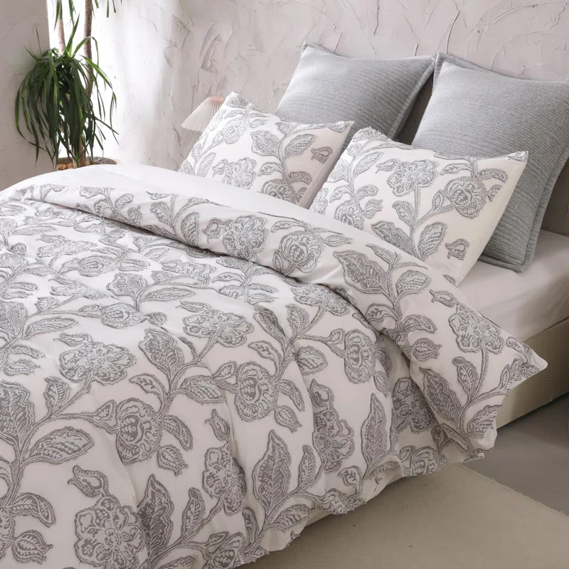 MeadowPark Cotton Clipped Jacquard Jacobean Floral Duvet Cover Set
