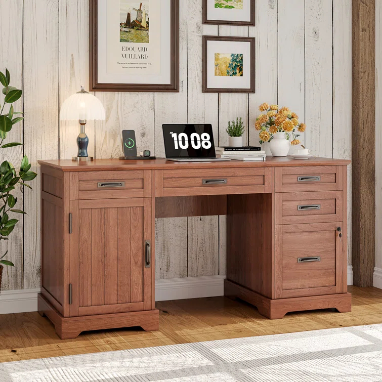 August Grove® Clabe 55'' Farmhouse Executive Desk with Drawers, File Cabinet and Power Outlets
