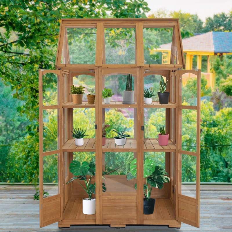 4' W x 3.23' D Wooden Greenhouse，Outdoor Greenhouse with Adjustable Roof Vent and 8 Lockable Door