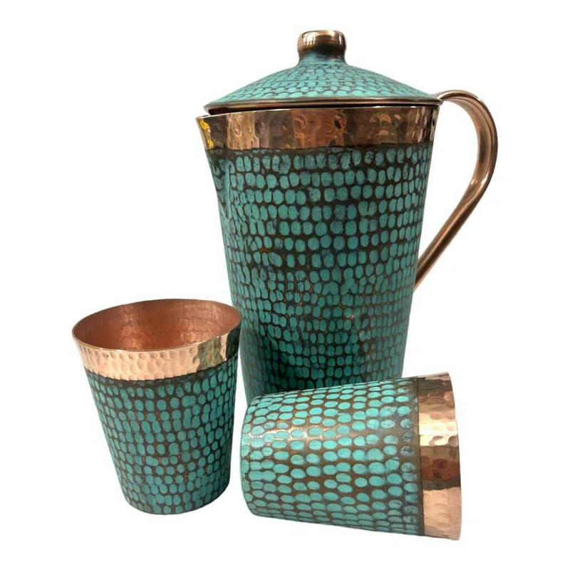 Ambiente Ambiente Mexican Copper Crafts 3 - Piece Pitcher Set - Pure Copper Tumbler - Copper Cups for Drinking.
