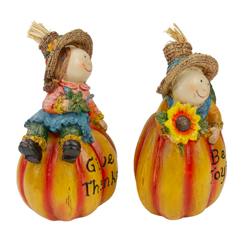 Northlight Seasonal Girl and Boy Scarecrows with Pumpkins Fall Harvest Figures