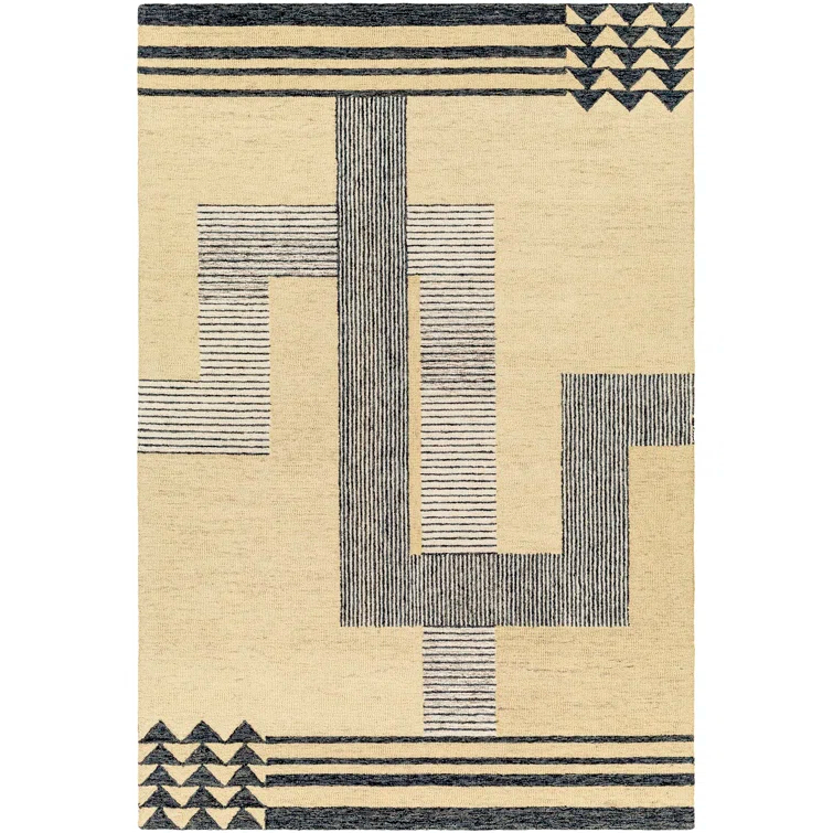 Rectangle Uptown Geometric Handmade Tufted Wool Area Rug in Black