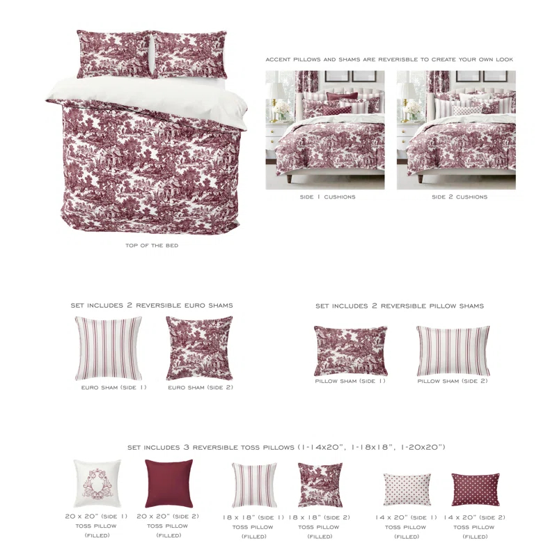 Au Village Toile Merlot  Cotton Duvet Cover Set 8 Piece