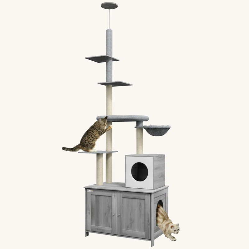 Tucker Murphy Pet™ Cat Tree With Litter Box Enclosure, 2 In 1 Floor To Ceiling Cat Tower Litter Box Furniture With Condo, Bed, Hammock, Scratching Posts, And Platforms For Indoor Use