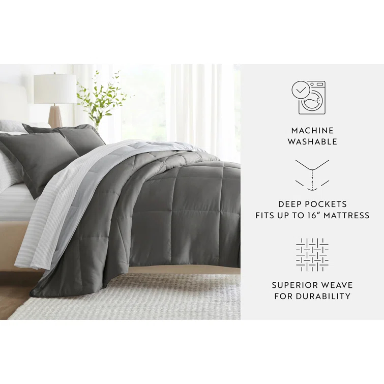 IEnjoy Home 7-Piece Reversible Bedding Bundle - Solid Comforter and Patterned Sheet Set