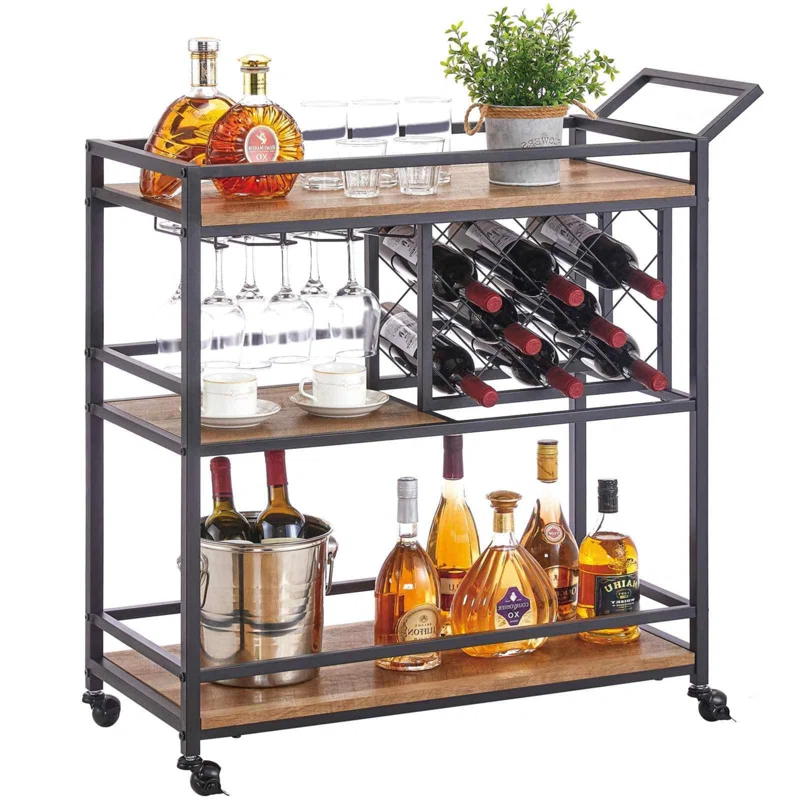 17 Stories Bar Cart For The Home, Rolling Wine Carts On Wheels With 3 Tier Wood Shelves, Liquor Beverage Cart With Wine Rack And Glass Holder