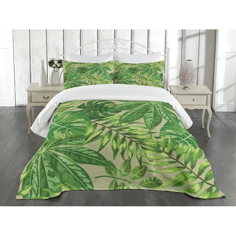 Ambesonne Ambesonne Green Leaf Bedspread Set Fresh Jungle Aloha Apple Green Fern Green