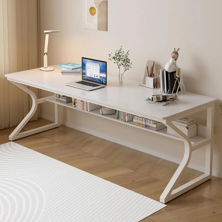 Latitude Run® Extra Long Desk with Bookshelf - 71" Double Long Writing Table for 2-Person Workstation