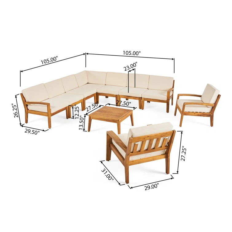 AllModern Pazel Acacia 8 - Person Modular Patio Conversation Sets with Cushions