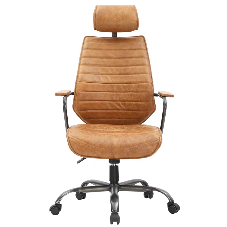 Transitional Genuine Leather Swivel Chair in Vibrant Orange