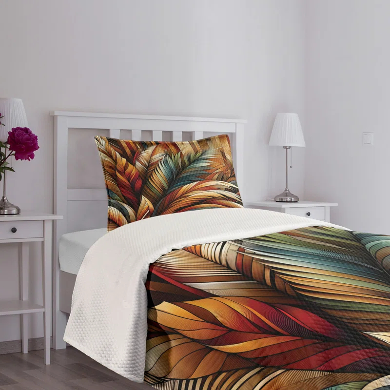 Ambesonne Aesthetic Bedspread Set Boho Rustic Bold Leaves Burnt Orange Teal and Blue