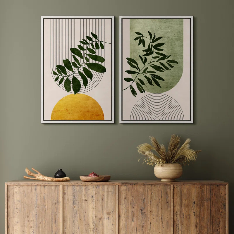 IDEA4WALL Mid Century Modern Boho Green Yellow Bright Plant Art Framed Canvas 2 Pieces Print  Wall Art Set