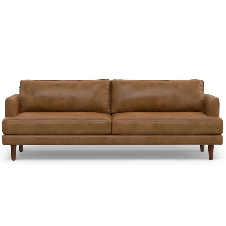 Simpli Home Livingston Top Grain Genuine Leather Mid-Century Modern Sofa With Solid Wood Frame For Living Room