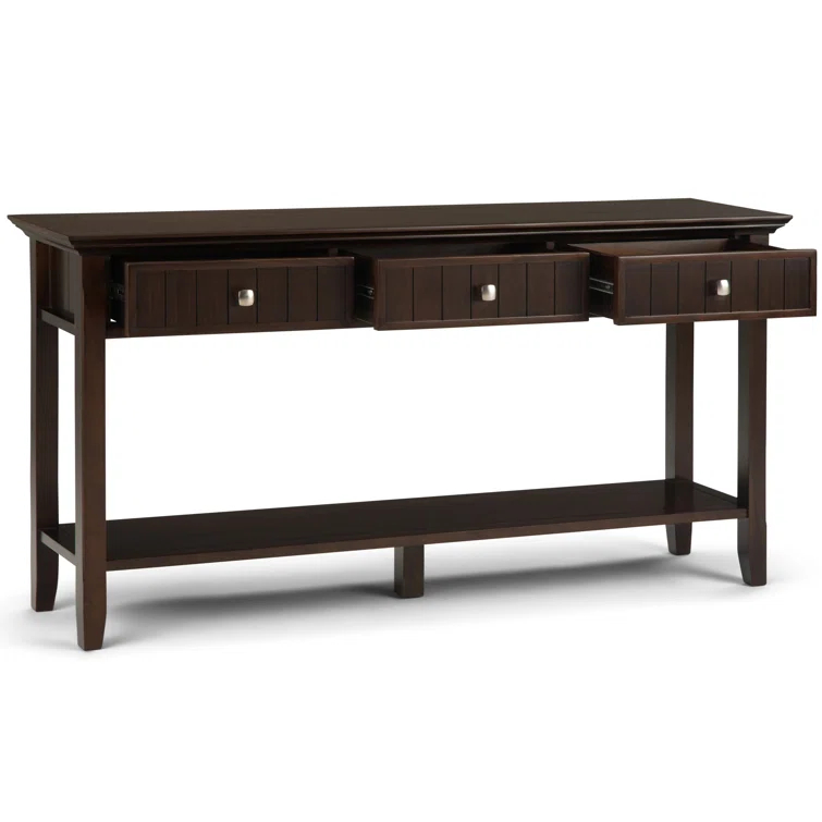 Simpli Home Acadian 60"W Solid Wood Wide Storage Console Table in Brunette Brown with Three Drawers and Open Shelf