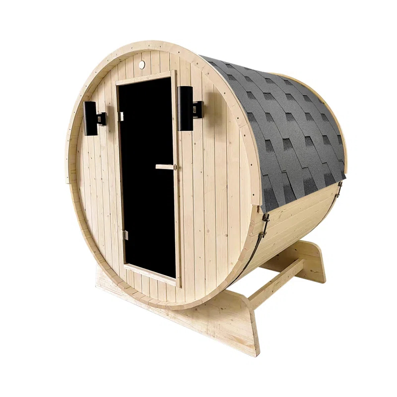 ALEKO Outdoor and Indoor White Pine Barrel Sauna - 3-4 Person - 4.5 kW UL Certified Heater - Bitumen Shingle Roofing