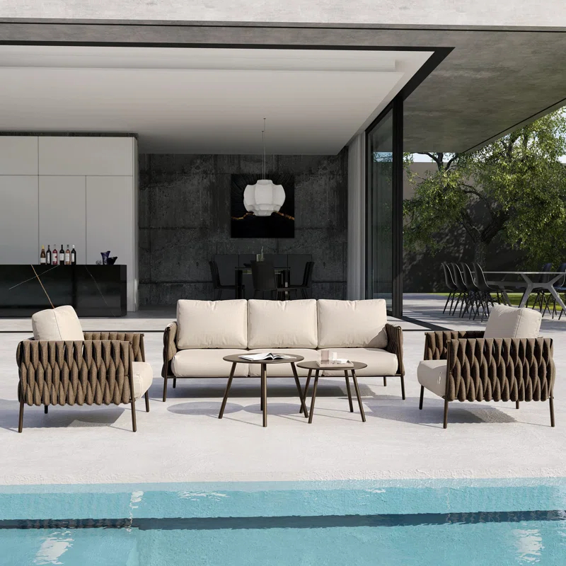 EAST OAK Patio Furniture Set 5 Pieces Sofa with Two Round Coffee Table  and Waterproof Thick Cushion Deep Seating