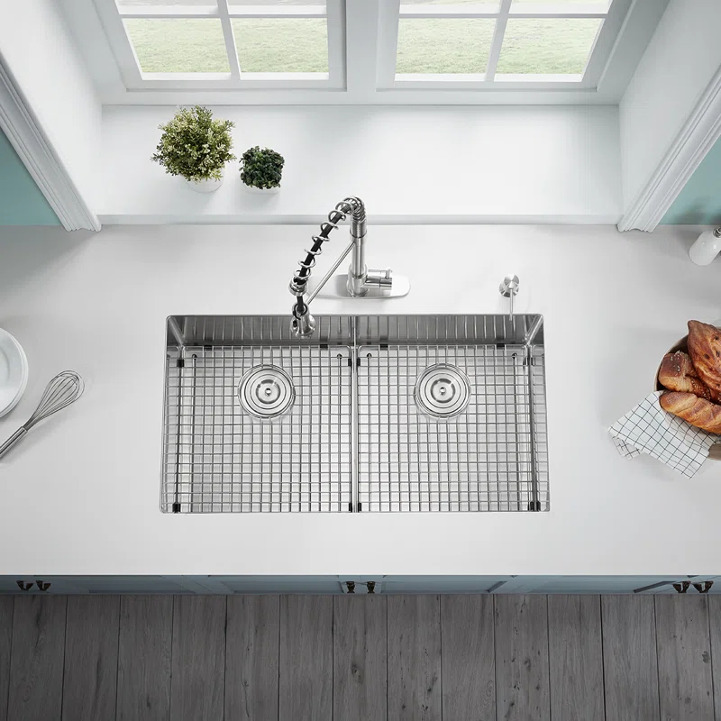 Serene Valley UDG3622R 36 in. Double Bowl Undermount Kitchen Sink, Thin Divider and Heavy-Duty Grids