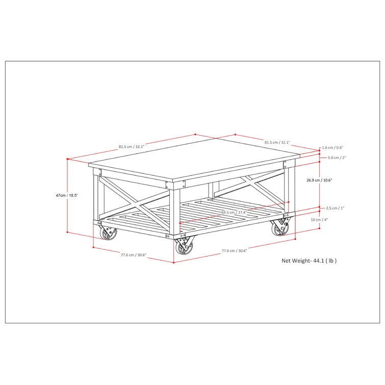 Simpli Home Harding 32"W Solid Mango Wood Industrial Square Coffee Table with Metal Accents, Open Shelf, and Iron Wheels
