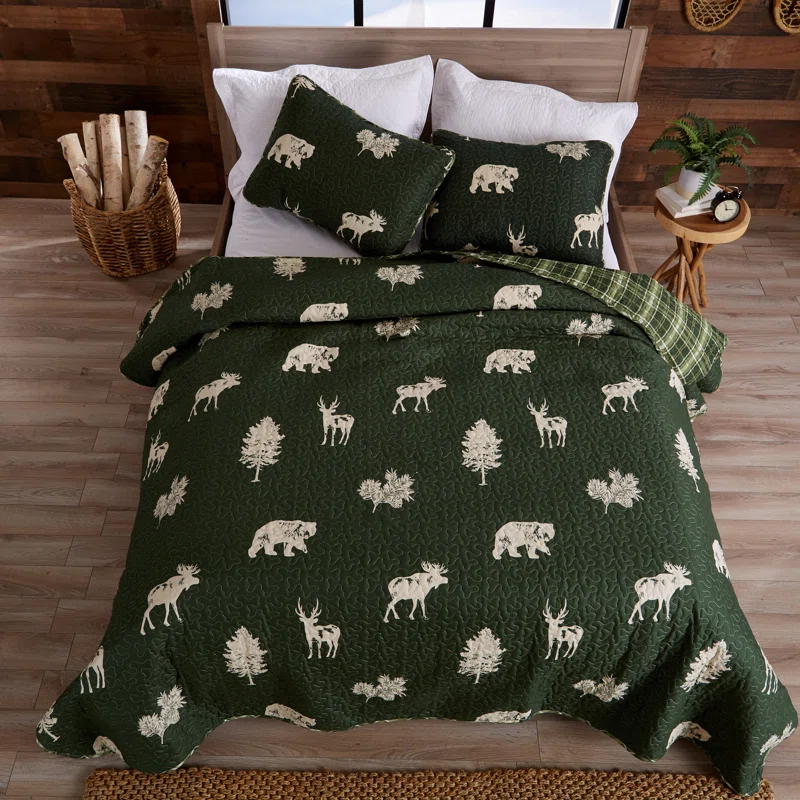 FreshFolds Forest Green Nature Quilt Set Reversible Plaid Quilt Set with Shams