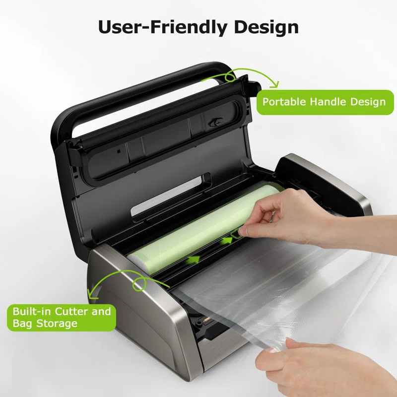 BEACHWATER POOL & SPA, LLC Vacuum Sealer Machine, Powerful Low-Noise Food Vacuum Sealer For High-Speed Continuous Working, Handle Locked Design, Built-In Cutter, 2 Bag Rolls + 100 PCS Vacuum Bags