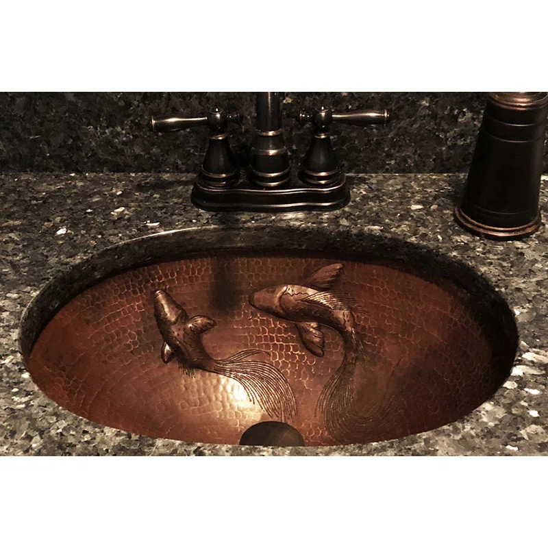 19" Oval Under Counter Hammered Copper Bathroom Sink with Koi Fish Design