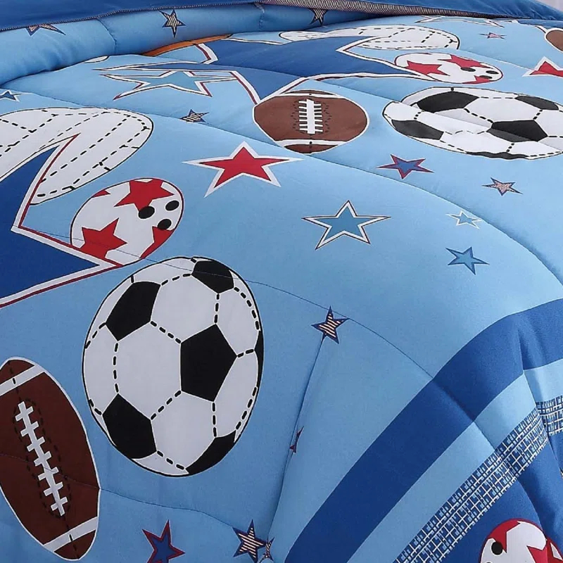 My World Sports and Stars Comforter Set – Kids Bedding with Baseball, Football, Soccer & Volleyball Design