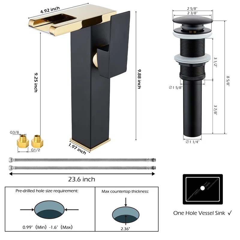 YCCUZA Y217H-BG Single Hole Faucet Single-handle LED Bathroom Vessel Sink Faucet with Drain Assembly