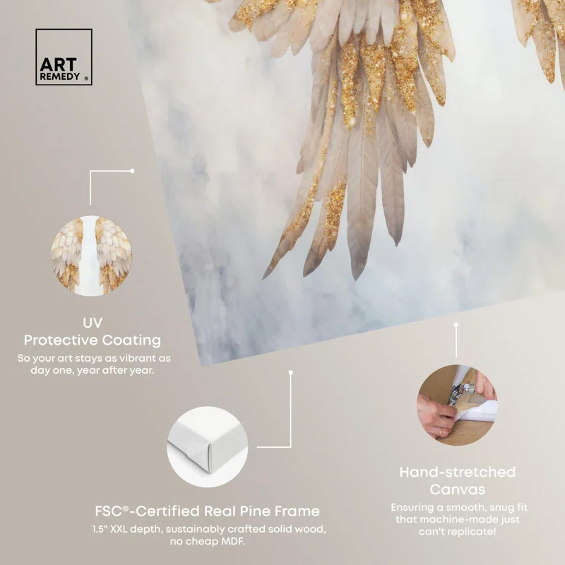 Art Remedy Elegant Angel Wings Canvas Elegant White Gold Wall Art by Art Remedy