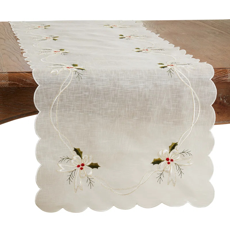 Saro Runner_Holly And Ribbon Design Embroidered Table Runner