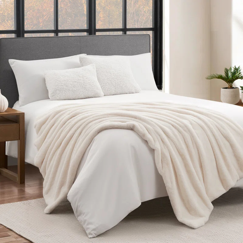 Lucky Brand Lucky Brand Reversible Solid Rabbit Mink Faux Fur Luxurious & Soft Thow Blankets - 50" x 70"