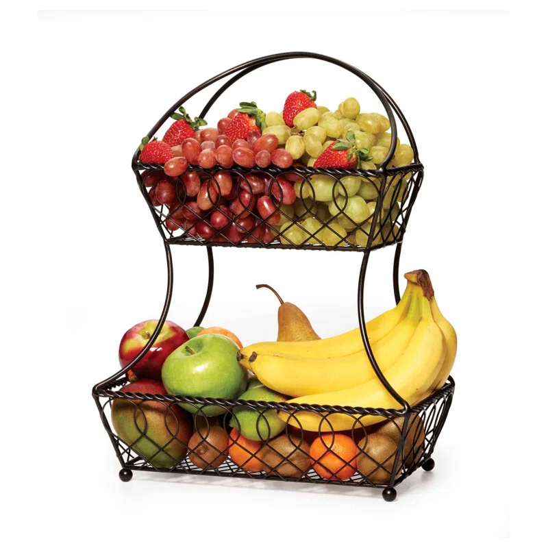 Gourmet Basics by Mikasa Gourmet Basics by Mikasa Loop and Lattice 2-Tier Flatback Metal Fruit Basket, Antique Black