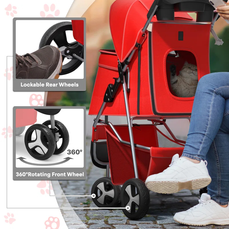 ATCHISON Foldable Pet Stroller, 3 Wheels Folding Carrier Jogger Stroller for Dogs Cats with Canopy and Basket