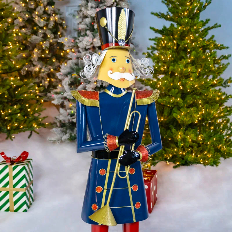 59" Tall Iron Christmas Blue Nutcracker Holding Trumpet "Harold"