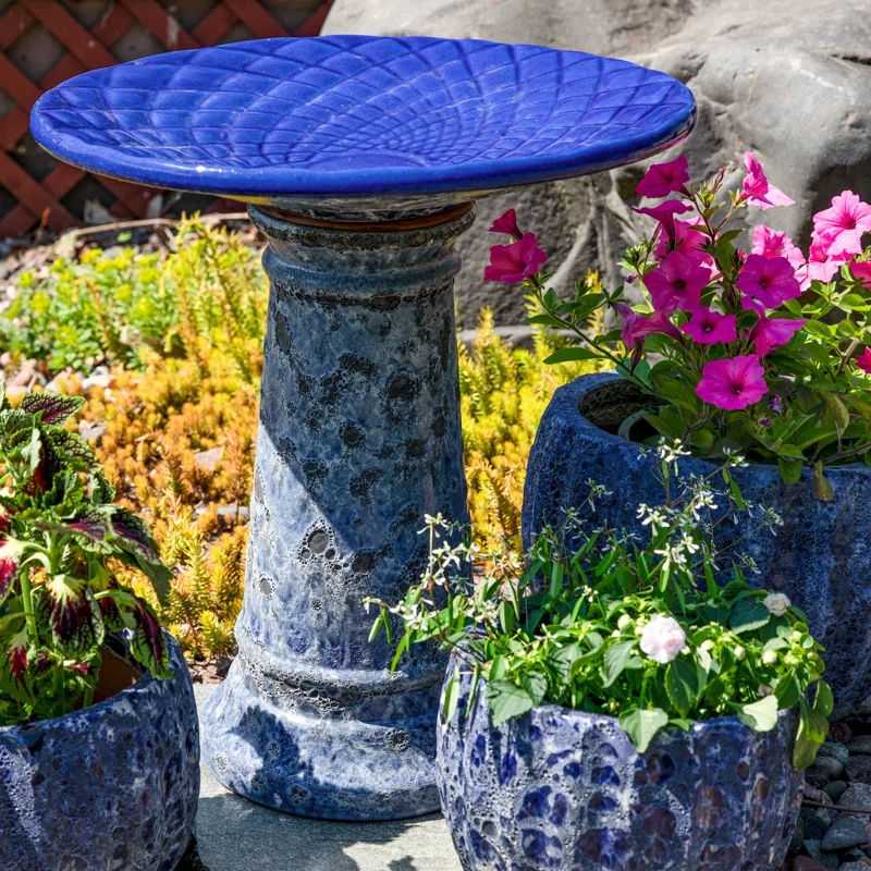 Red Barrel Studio® Trenasia Freestanding Ceramic Outdoor Bird Bath with UV-Resistant Blue Lava Finish