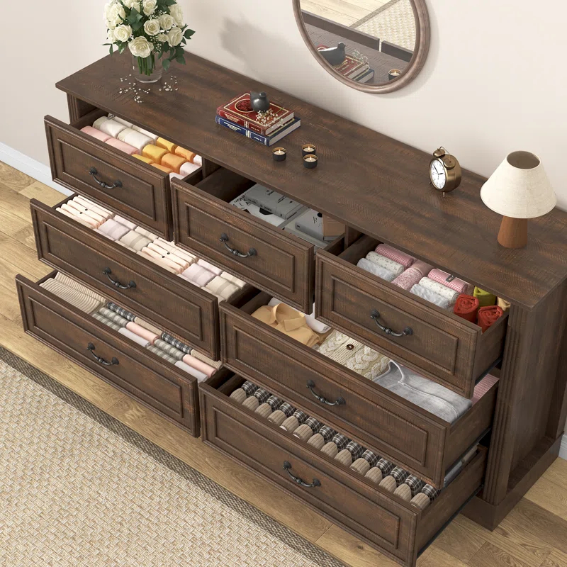 Charlton Home® 59" Farmhouse Dresser With 7 Spacious Drawers – Rustic Wooden Storage Cabinet For Bedroom, Living Room, Or Entryway