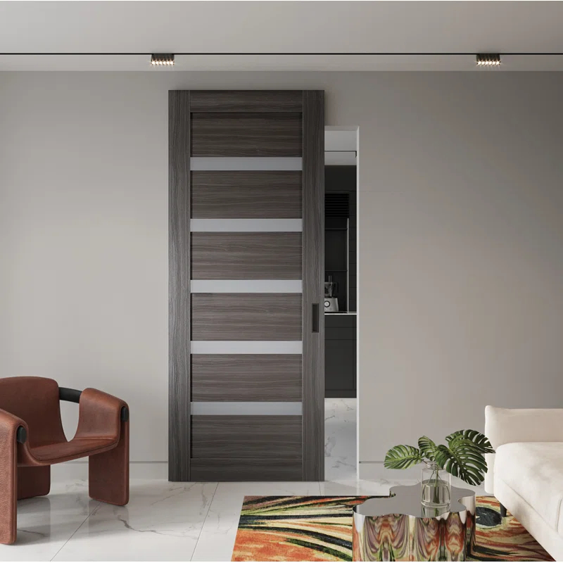 Belldinni Leora Paneled Manufactured Wood And Frosted Glass Solid Core Interior Sliding Hidden Barn Door With Base Board With Installation Hardware Kit