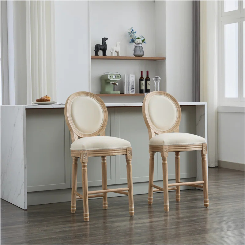 Rosdorf Park Solid Wood Bar stools Set of 2, Classic French Country Wooden Barstools with Upholstered Seating